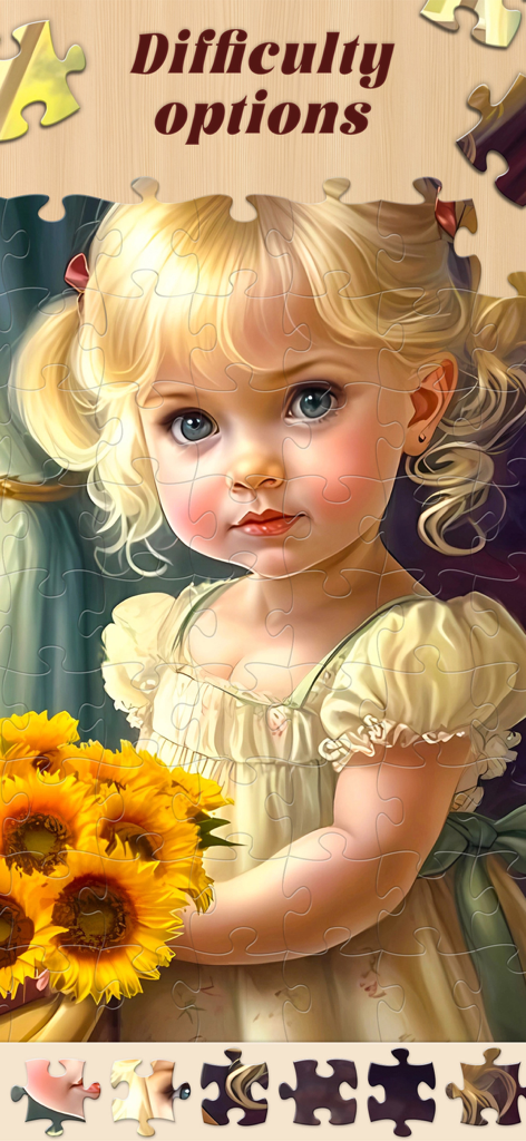 Jigsaw Master - Jigsaw Puzzles - Un rompecabezas digital de una niña joven sosteniendo girasoles amarillos con opciones de dificultad mostradas en la parte superior.