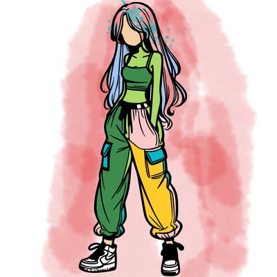 girl in baggy pants crop top and long hair