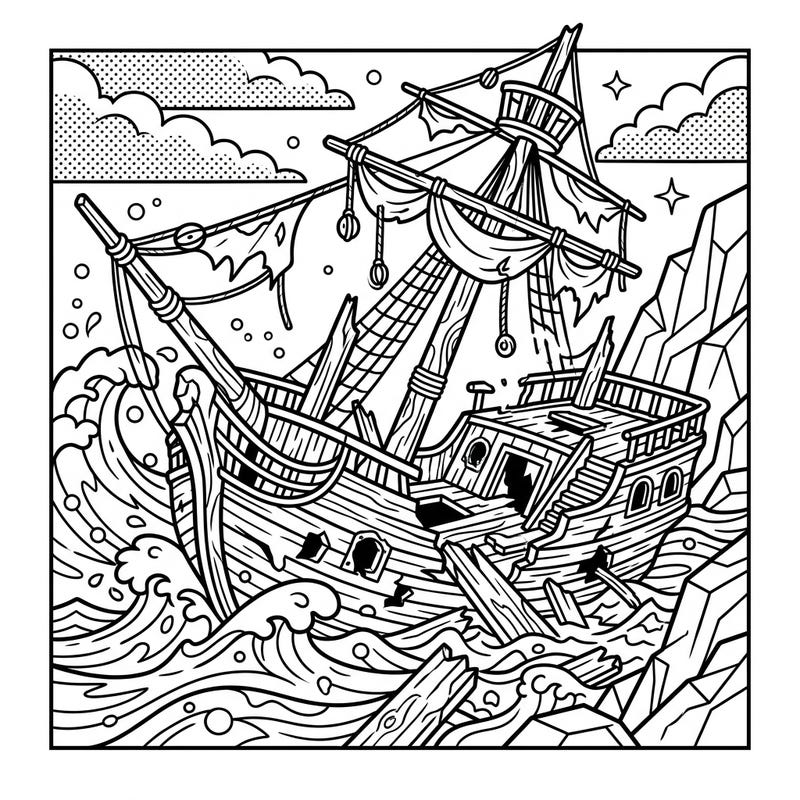 Explore the thrilling world of maritime history with this dynamic Pop Art shipwreck coloring page. Its bold lines and comic-book aesthetic invite you to bring a vibrant new life to this dramatic scene.