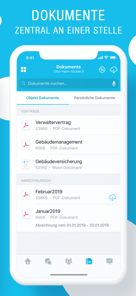 Pantalla de almacenamiento centralizado de documentos en la aplicación móvil HOMECASE que muestra contratos de propiedad y estados de cuenta