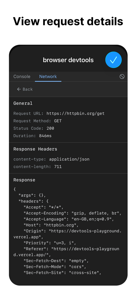 Oberfläche der devtools-App, die Details zu Netzwerkanforderungen anzeigt, einschließlich Headern und JSON-Antwortkörper.