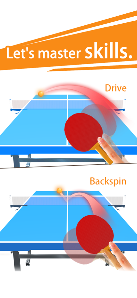 Instructional diagrams demonstrating drive and backspin swipe gestures in Table Tennis 3D.
