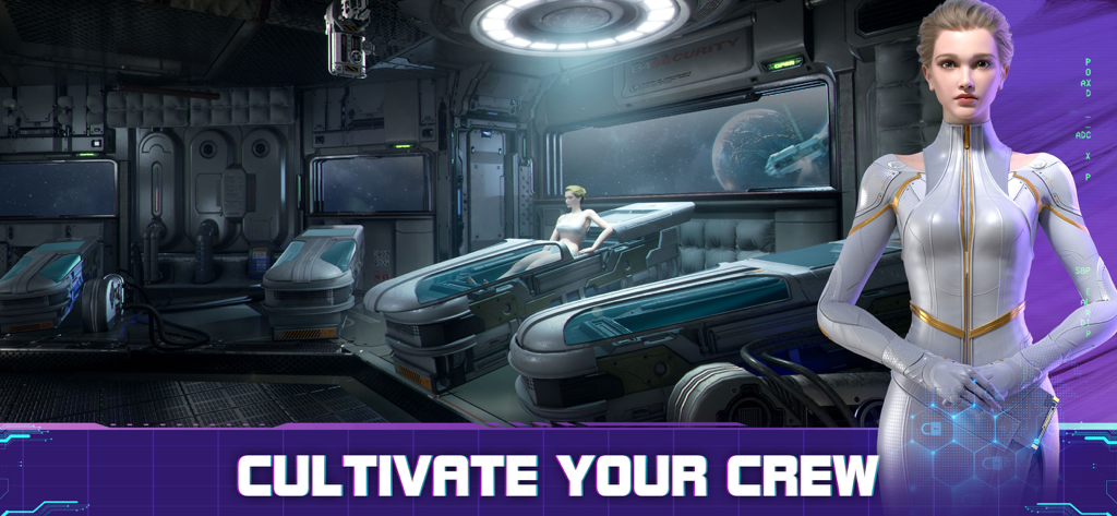 Infinite Galaxy - Una miembro de la tripulación, mujer, con traje blanco futurista de pie en la bahía de un puerto espacial con el texto Cultiva tu tripulación.