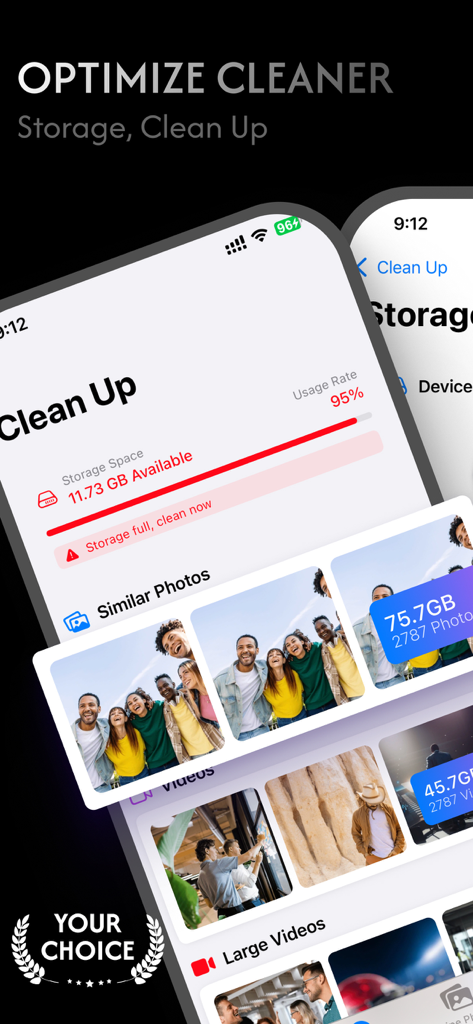 Interface of Lapu Fan app showing the storage cleanup feature for similar photos and large videos