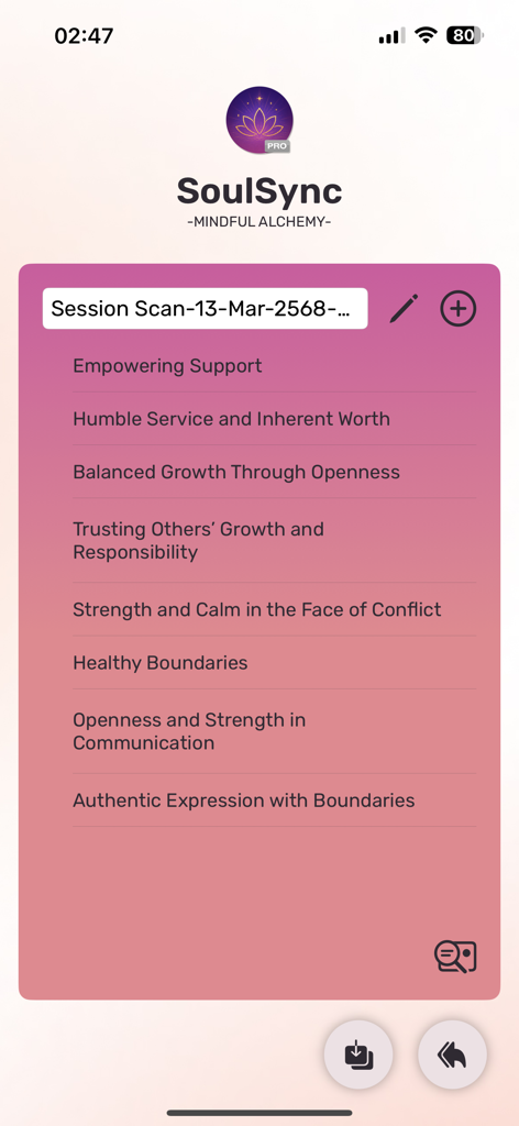 SoulSync - SoulSync app interface showing a list of emotional patterns and growth affirmations from a session scan.