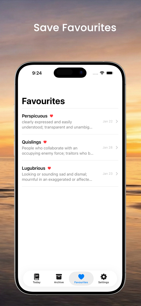 List of saved favorite words with definitions in the WOTD app interface