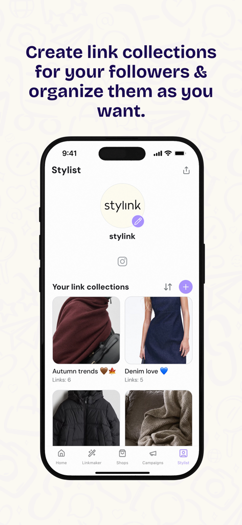 stylink – your creator tool - Die stylink App-Oberfläche zeigt organisierte Link-Kollektionen für Social-Media-Influencer