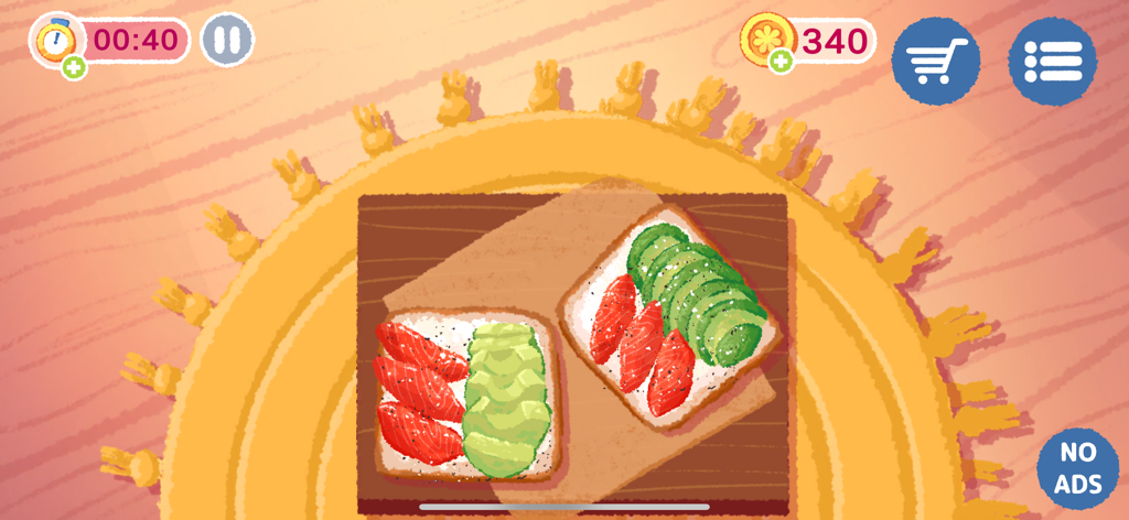 Sofra - Cooking simulator - A top down view of two slices of salmon and avocado toast in the Sofra cooking simulator game.
