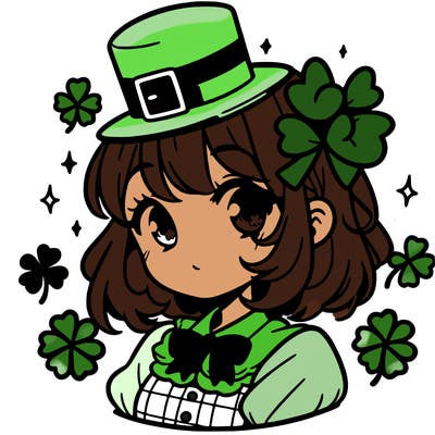 a manga-style girl with clovers around her, a little hat in her hair, like it's saint patrick's day