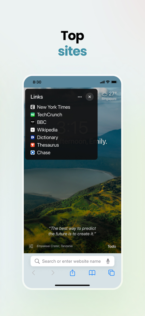Momentum - Momentum App zeigt eine Liste von bevorzugten Website-Links über einem friedlichen Naturhintergrund