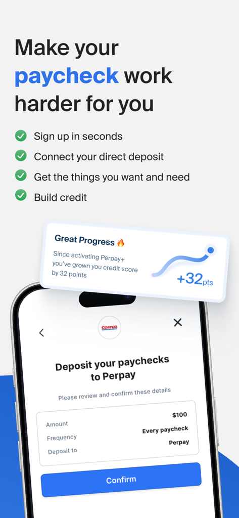 Perpay app interface showing direct deposit setup and a notification of a thirty two point credit score increase