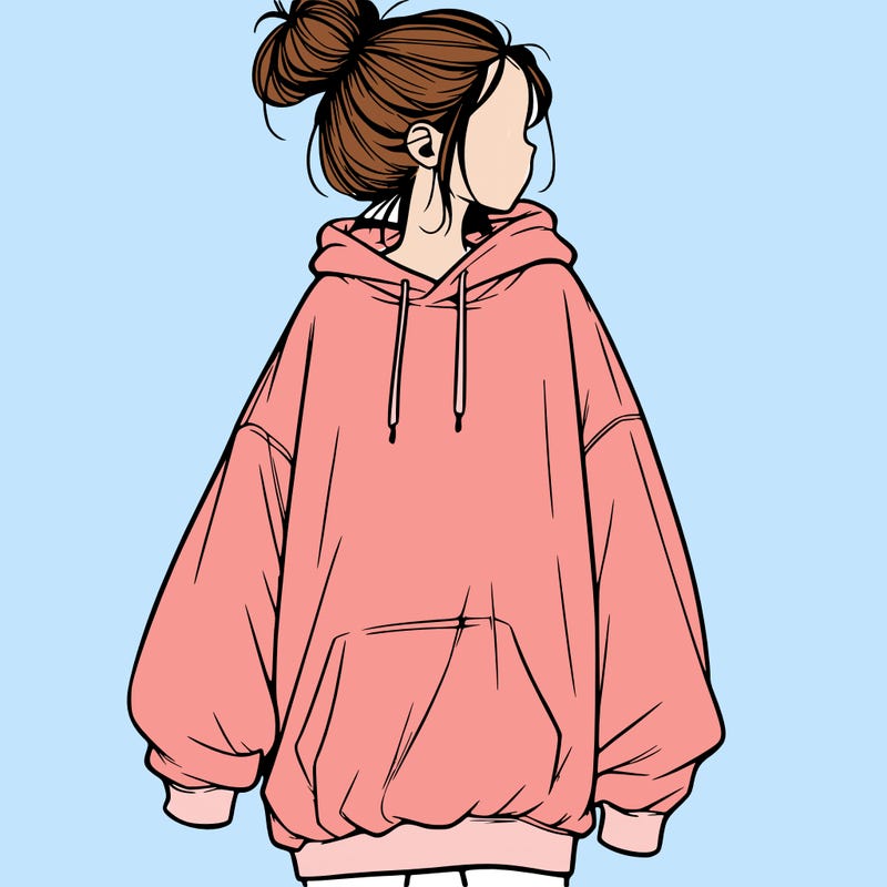 realistic girl with a oversized sweatshirt on and a bun