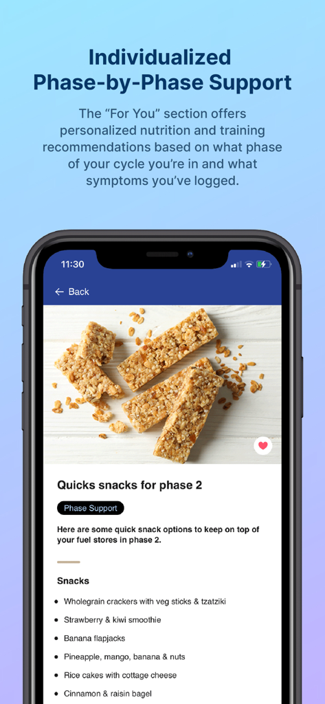 FitrWoman - Pantalla de la app FitrWoman mostrando recomendaciones personalizadas de snacks para la fase 2 del ciclo menstrual