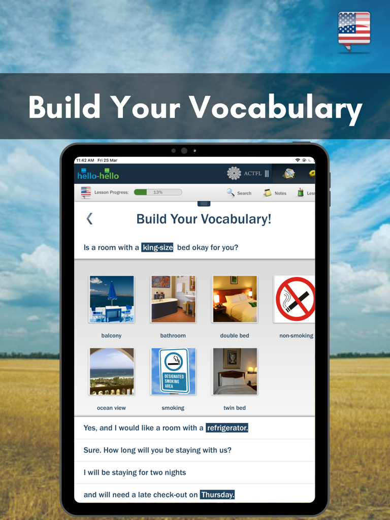 Learn English with Hello-Hello - Screenshot dell'app di apprendimento dell'inglese che mostra un esercizio di vocabolario per le caratteristiche della camera d'albergo su un iPad