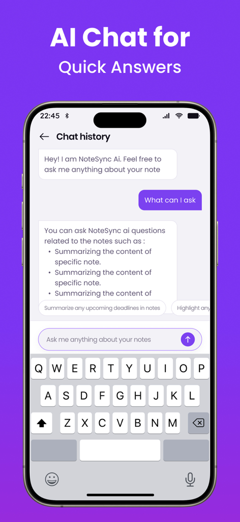 Transcribe  Ai - Note Taker - Transcribe Aiアプリで、メモの要約や質問への回答のためのAIチャットインターフェースを表示するiPhone。