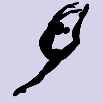 gymnast doing a leap in a leotard with a bent back leg