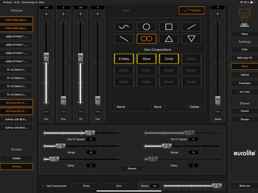 Light Captain - DMX Controller - Steuerungsoberfläche für Moving Lights in der Light Captain DMX App, die Pan-Tilt und Bewegungsformen anzeigt