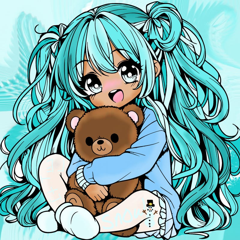 manga girl, long curly hair, happy, cuddling a teddy bear