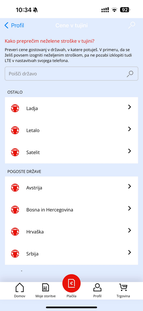 Moj A1 - A screen in the Moj A1 app showing options to check roaming prices in different countries and transport modes.