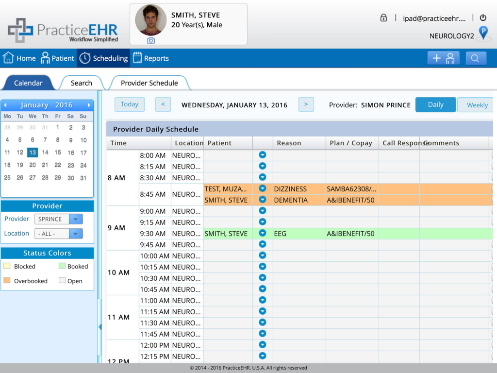 Practice EHR - Horario diario del proveedor y calendario de citas de Practice EHR.