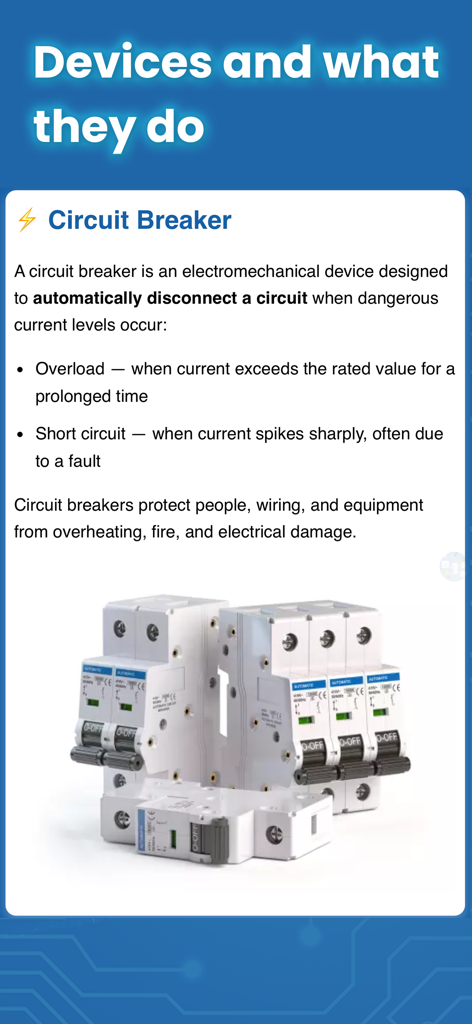 Écran informatif de l'application Electrician Handbook expliquant comment les disjoncteurs protègent contre les surcharges et les courts-circuits.