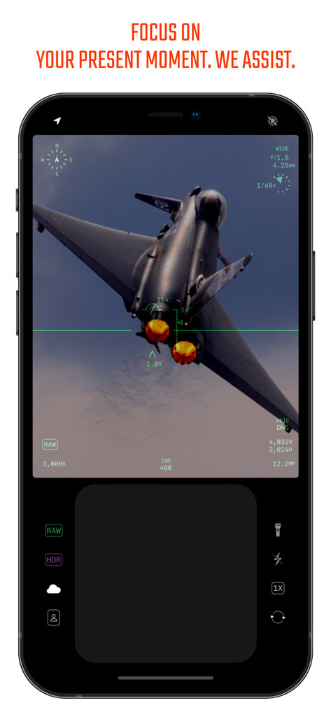 DELTA Camera - Delta Camera app interface showing manual pro settings and HUD viewfinder while capturing a fighter jet