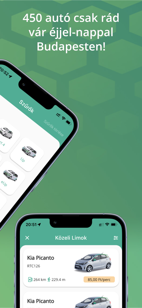 Benutzeroberfläche der mobilen MOL Limo App, die nahegelegene Autos und Preise in Budapest anzeigt
