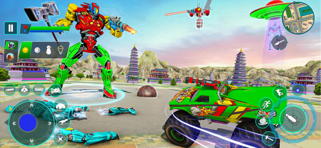 Robot Games - Mech War Games - Giant battle mech and armed monster truck in a colorful open world environment with pagodas
