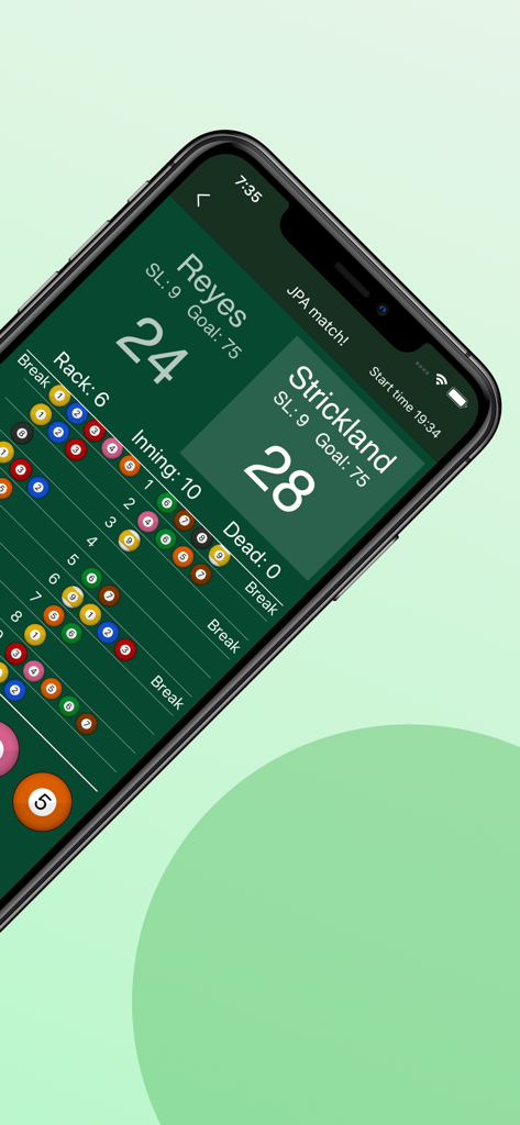 A mobile app interface showing a 9-ball pool scoreboard with player scores and rack progress