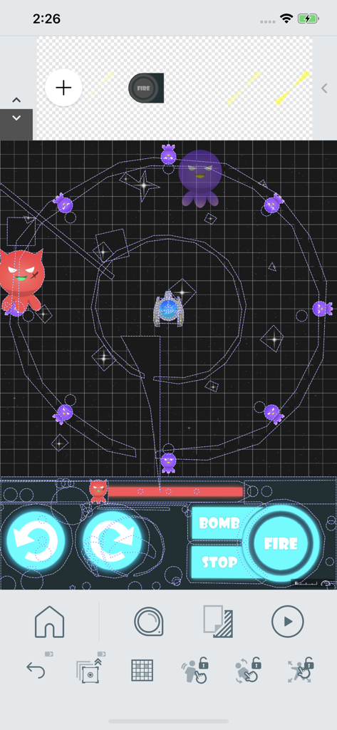 Springin' - Visual programming interface in the Springin app showing a game creation screen with monsters and control buttons on a grid.