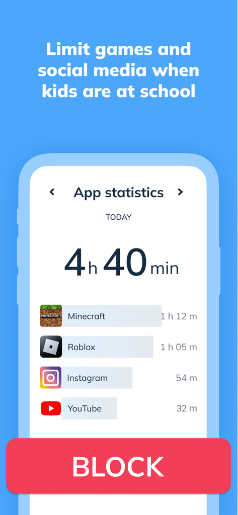 Interface of Pingo by Findmykids showing child app usage statistics and a block button to limit screen time