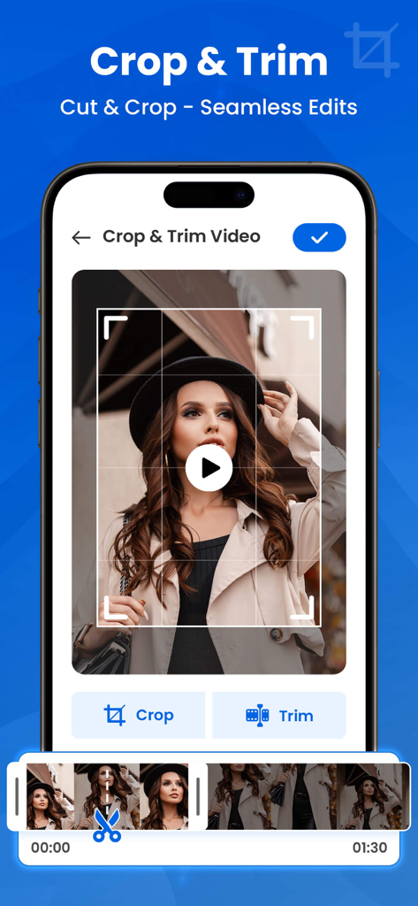 Video Compressor - VidPress - Interfaz de la aplicación VidPress mostrando la herramienta de recorte y edición de video con una línea de tiempo y una cuadrícula de vista previa.