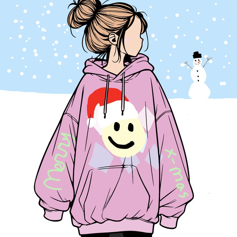 realistic girl with a oversized sweatshirt on and a bun