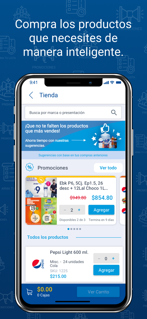 Mobile interface of the GEPP en tus manos app showing the store section with product promotions and inventory search