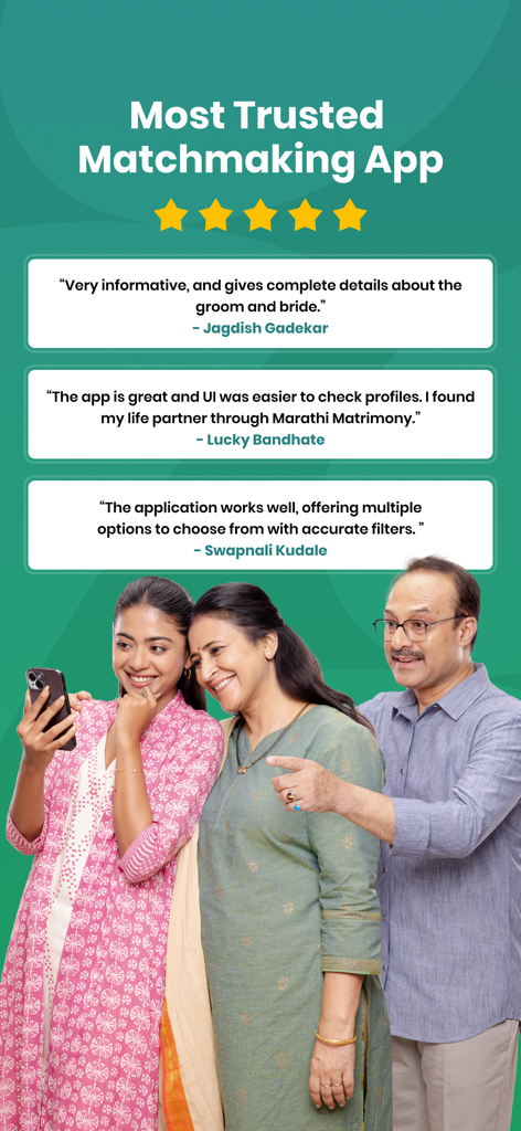 Marathi Matrimony - Shaadi App - User reviews and five star ratings for the Marathi Matrimony app with a happy family looking at a smartphone