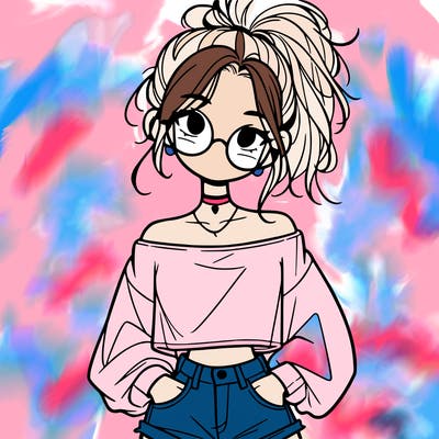 girl with a messy ponytail glasses a baggy crop top and jean shorts