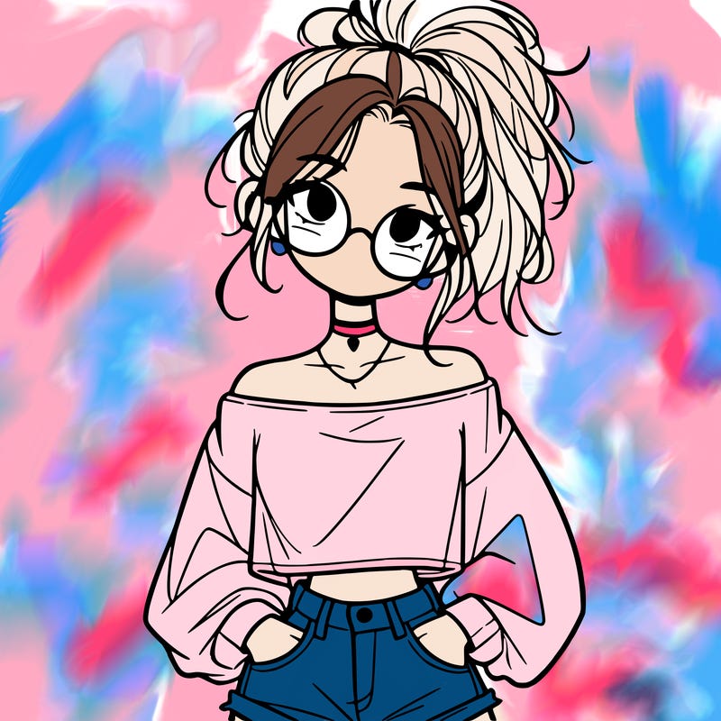 girl with a messy ponytail glasses a baggy crop top and jean shorts