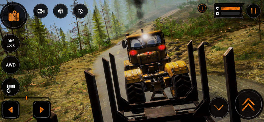 MudRunner Mobile - Yellow heavy duty truck driving on a rural road in MudRunner Mobile gameplay