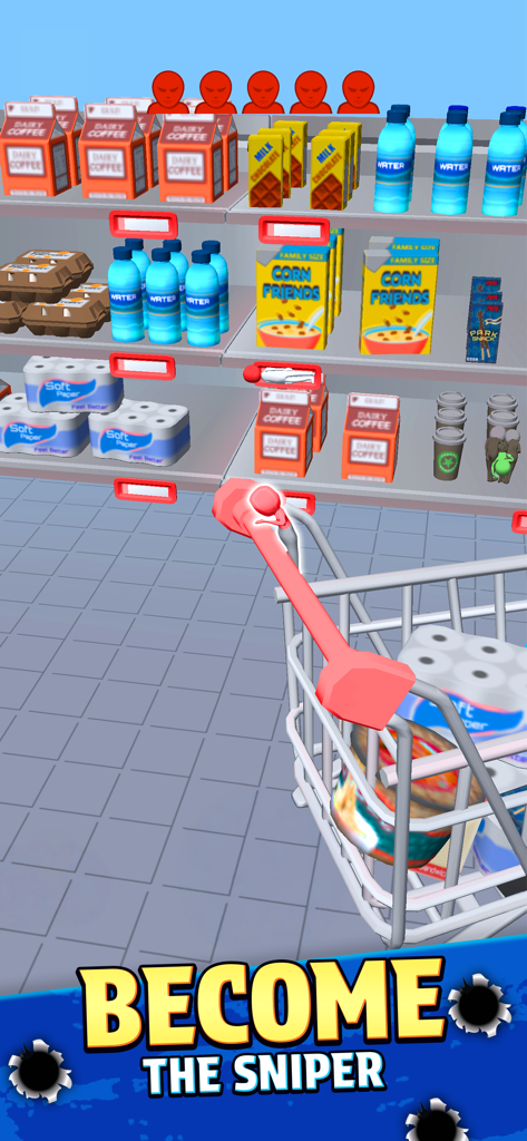Camo Sniper - A red character camouflaged as a shopping cart handle in a supermarket from the game Camo Sniper