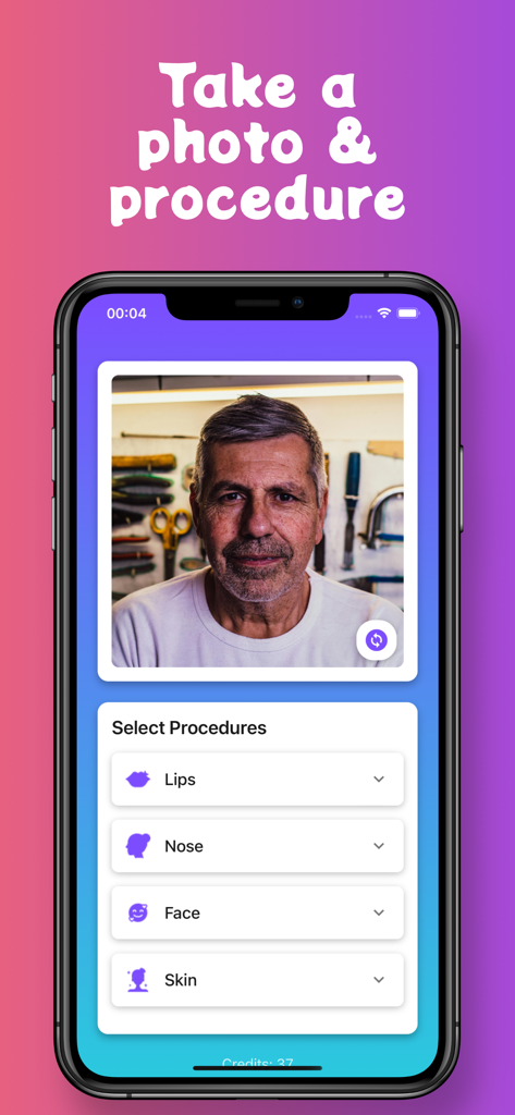 Pody Plastic Surgery Simulator - Interface of Pody Plastic Surgery Simulator app showing a photo and options to select cosmetic procedures for lips nose and face