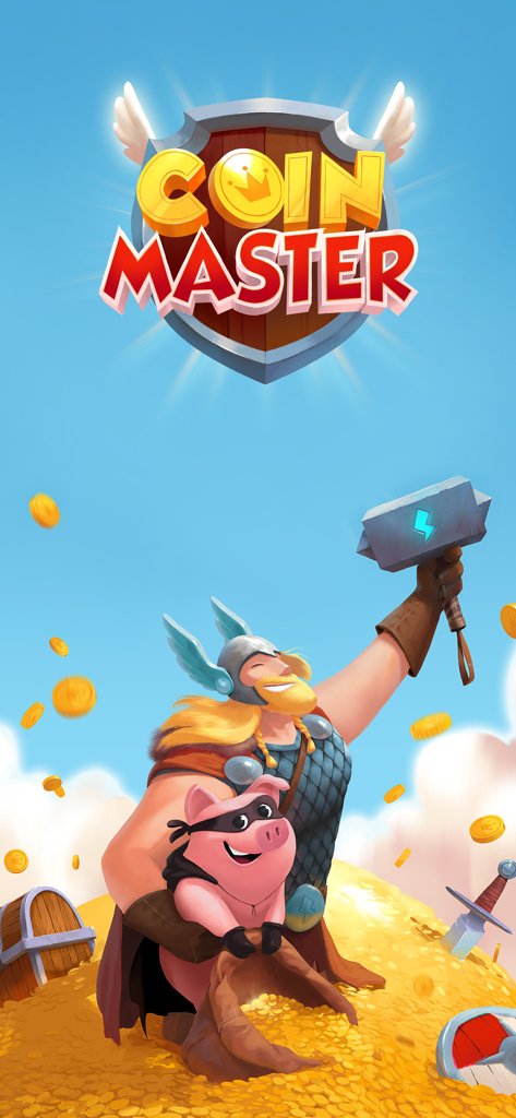 Viking character and masked pig on a pile of gold coins with the Coin Master logo