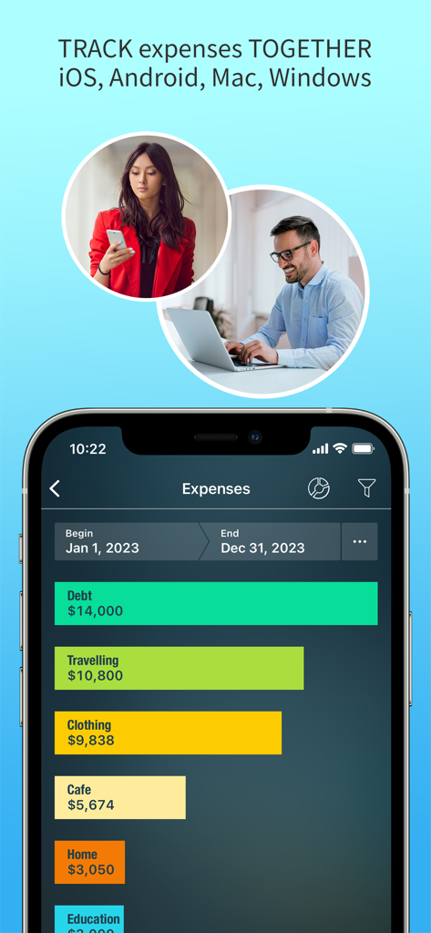 Money Pro: Personal Finance AR - Money Pro app showing cross platform expense tracking and visual budget reports