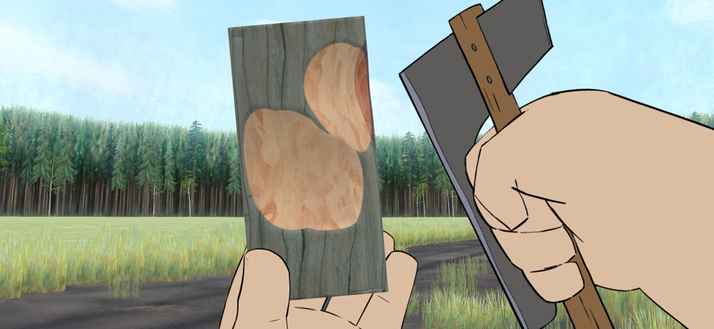 Pine: A Story of Loss - 森の木立で木材を彫っている木工職人の手描きのファーストパーソンビュー。