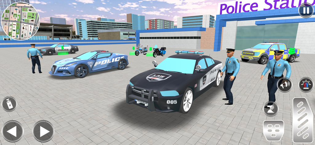 City Patrol: Police Chase 3D - Varios vehículos policiales y oficiales de pie frente a una comisaría en un entorno urbano 3D.
