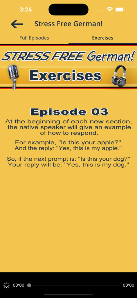 ストレスフリー・ジャーマンアプリのインターフェース。エピソード3のオーディオエクササイズの説明が表示されています。