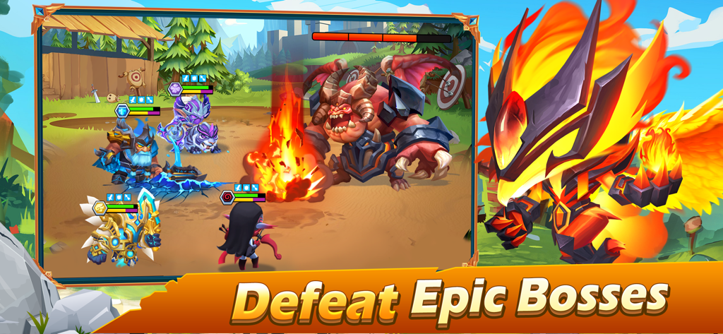 A group of fantasy heroes battling a large red demon boss in Taptap Heroes Idle RPG