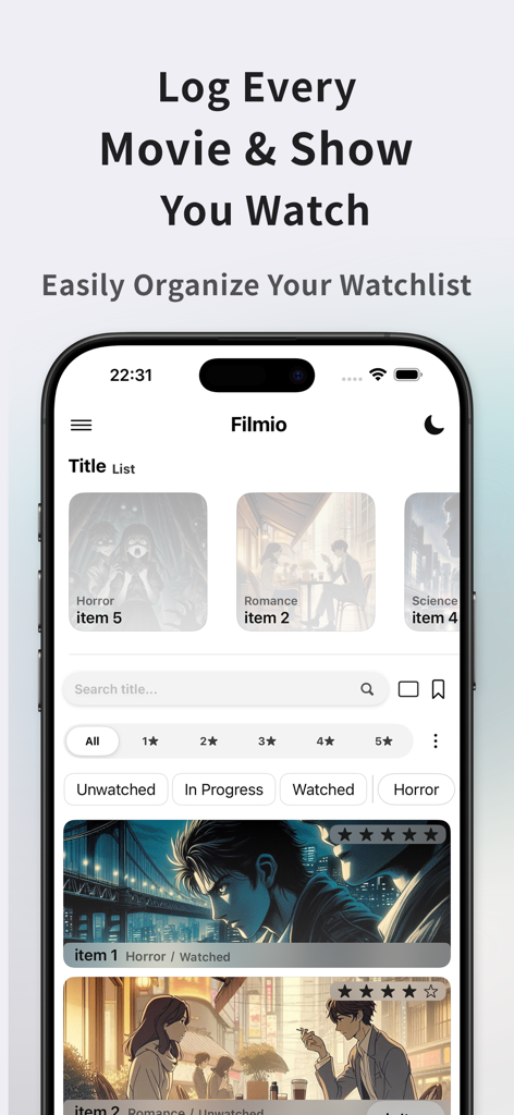 Filmio mobile app interface displaying a curated watchlist of movies and anime with organizational filters.