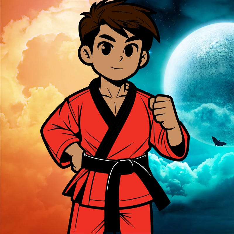 karate instructor wearing a karate gi%2c standing in a fighting stance with a black belt tied around their waist.