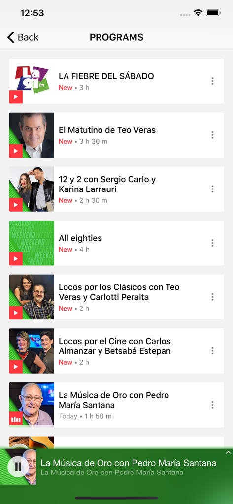 A list of available radio programs on the La 91 FM mobile app screen