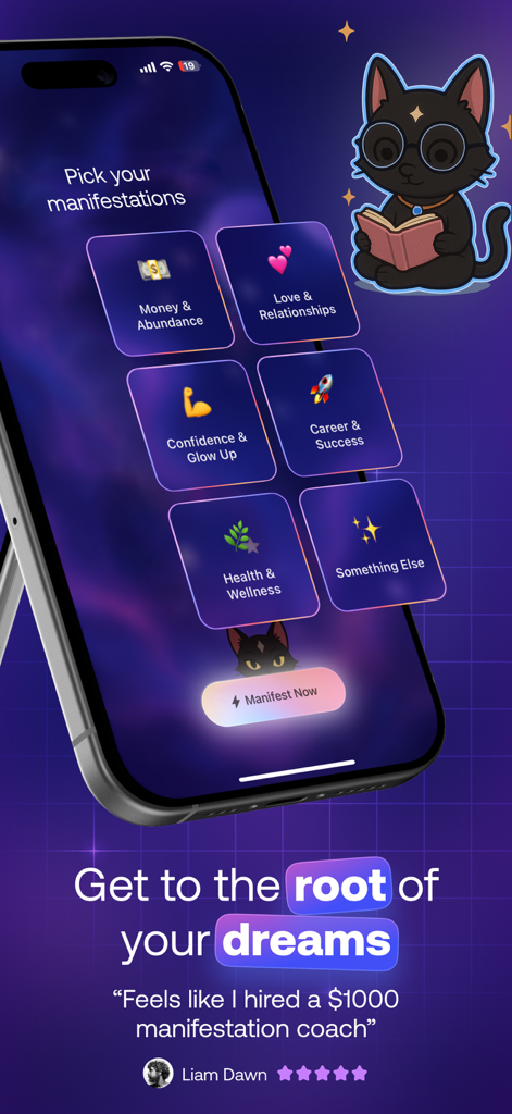Interface de l'application Vix Manifestation montrant diverses catégories d'objectifs de vie et une mascotte de chat de dessin animé.